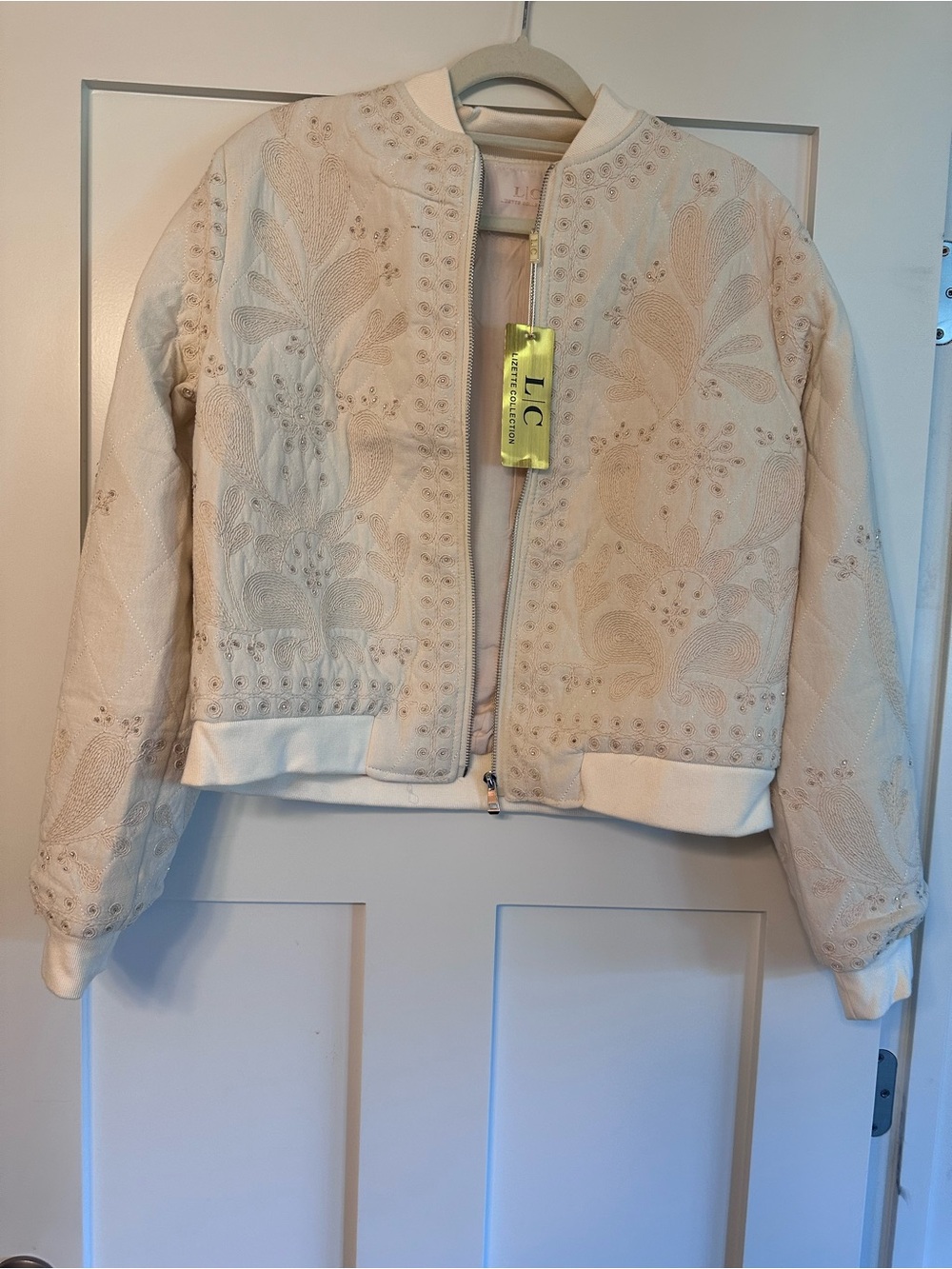 Embroidered Cream Bomber Jacket